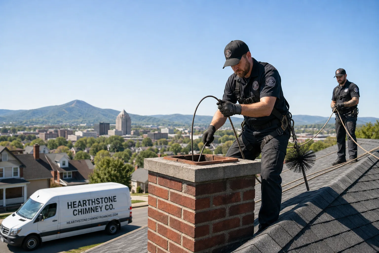 Hearthstone Chimney Co. chimney cleaning service vehicle and crew in Roanoke, VA